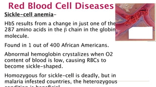 Red Blood Cell Diseases
Sickle-cell anemia-
HbS results from a change in just one of the
287 amino acids in the β chain in the globin
molecule.
Found in 1 out of 400 African Americans.
Abnormal hemoglobin crystalizes when O2
content of blood is low, causing RBCs to
become sickle-shaped.
Homozygous for sickle-cell is deadly, but in
malaria infested countries, the heterozygous
 