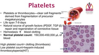 Platelets
• Platelets or thrombocytes—clear cell fragments
   derived from fragmentation of precursor
   megakaryocytes
• Life span 7-9 days
• Natural source of growth factors (PDGF, TGF-β) for
   repair and regeneration of connective tissue
• Hemostasis  blood clotting
• Normal platelet count: 150,000-450,000 µL of
  blood

High platelet count= clotting (thrombosis)
Low platelet count=heparin-induced
thrombocytopenia(HIT)
 
