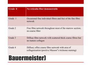 Bone marrow reticulin
grading(modified
Bauermeister)
Grade 0 No reticulin fiber demonstrable
Grade 1 Occasional fine individual fibres and foci of the fine fibre
network
Grade 2 Fine fibre network throughout most of the marrow section;
no coarse fibre
Grade 3 Diffuse fibre network with scattered thick coarse fibres but
no mature collagen
Grade 4 Diffuse; offen coarse fibre network with area of
collagenisation (positive Masson”s trichome staining)
 