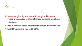 Cont…
 Non-Hodgkin Lymphoma & Hodgkin Disease;
These are sensitive to chemotherapy but some are at risk
of relapse.
 HSCT can cure these patients with relapse if offered early.
 Event free survival rate is 50-60%.
 