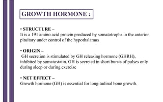 GROWTH HORMONE :
• STRUCTURE –
It is a 191 amino acid protein produced by somatotrophs in the anterior
pituitary under control of the hypothalamus
• ORIGIN –
GH secretion is stimulated by GH releasing hormone (GHRH),
inhibited by somatostatin. GH is secreted in short bursts of pulses only
during sleep or during exercise
• NET EFFECT –
Growth hormone (GH) is essential for longitudinal bone growth.
 