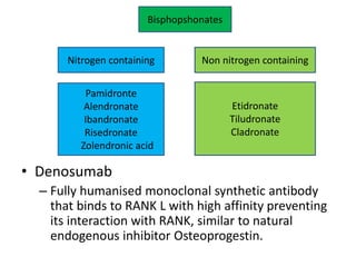 • Denosumab
– Fully humanised monoclonal synthetic antibody
that binds to RANK L with high affinity preventing
its interaction with RANK, similar to natural
endogenous inhibitor Osteoprogestin.
Bisphopshonates
Pamidronte
Alendronate
Ibandronate
Risedronate
Zolendronic acid
Non nitrogen containingNitrogen containing
Etidronate
Tiludronate
Cladronate
 