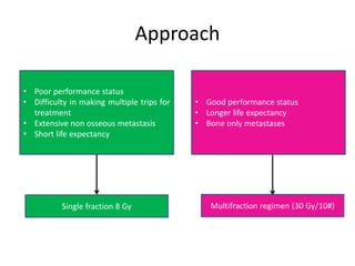 Approach
• Poor performance status
• Difficulty in making multiple trips for
treatment
• Extensive non osseous metastasis
• Short life expectancy
Single fraction 8 Gy
• Good performance status
• Longer life expectancy
• Bone only metastases
Multifraction regimen (30 Gy/10#)
 