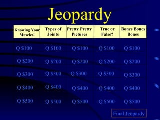 Jeopardy Knowing Your Muscles! Types of Joints Pretty Pretty Pictures True or False? Bones Bones Bones Q $100 Q $200 Q $300 Q $400 Q $500 Q $100 Q $100 Q $100 Q $100 Q $200 Q $200 Q $200 Q $200 Q $300 Q $300 Q $300 Q $300 Q $400 Q $400 Q $400 Q $400 Q $500 Q $500 Q $500 Q $500 Final Jeopardy 