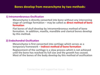 Bones develop from mesenchyme by two methods:
1) Intramembranous Ossification
Mesenchyme is directly converted into bone without any intervening
stage of cartilage formation – may be called as direct method of bone
formation
Flat bones of skull develop by intramembranous method of bone
formation. In addition, maxilla, mandible and clavical bones develop
by this method.
2) Endochondral Ossification
Mesenchyme is first converted into cartilage which serves as a
temporary framework – Indirect method of bone formation
Replacement of the cartilage is a slow process which is not achieved
until the bone has reached its full size and the growth has ceased.
Most of the bones of the body develop by this method of ossification
Connective and supportive tissue - Bone
 