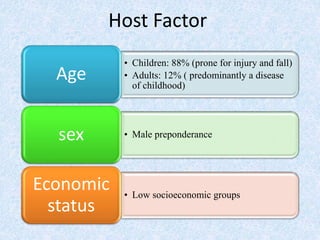 • Children: 88% (prone for injury and fall)
• Adults: 12% ( predominantly a disease
of childhood)
Age
• Male preponderancesex
• Low socioeconomic groups
Economic
status
Host Factor
 