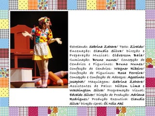 Estrelando: Sabrina Zahara/ Texto: Ziraldo/
Encenação: Claudio Silva/ Direção e
Preparação Musical: Cléverson Baía/
Iluminação: Bruno nunes/ Concepção de
Cenários e Figurinos: Bruno Nunes/
Confecção de Cenários: Wagner Ribeiro/
Confecção de Figurinos: Rosa Ferreira/
Concepção e Confecção de Adereços: Agostinho
Josaphat/ Maquiagem: Sabrina Zahara/
Assistentes de Palco: Nilton Lima e
Washington Silva/ Programação Visual:
Edvaldo Silver/ Direção de Produção: Adriana
Rodrigues/ Produção Executiva: Claudio
Silva/ Direção Geral: Ói Nóiz Akí
 