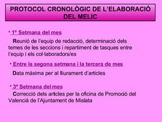 PROTOCOL CRONOLÒGIC DE L’ELABORACIÓ DEL MELIC 1º   Setmana del mes R eunió de l’equip de redacció, determinació dels temes de les seccions i repartiment de tasques entre l’equip i els col·laboradors/es Entre la segona setmana i la tercera de mes D ata màxima per al lliurament d’articles   3º Setmana del mes   C orrecció dels articles per la oficina de Promoció del Valencià de l’Ajuntament de Mislata  