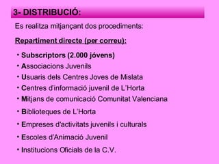 3- DISTRIBUCIÓ: Es realitza mitjançant dos procediments: Repartiment directe (per correu): Subscriptors (2.000 jóvens) A ssociacions Juvenils U suaris dels Centres Joves de Mislata C entres d’informació juvenil de L’Horta  M itjans de comunicació Comunitat Valenciana B iblioteques de L’Horta E mpreses d'activitats juvenils i culturals E scoles d’Animació Juvenil I nstitucions Oficials de la C.V. 