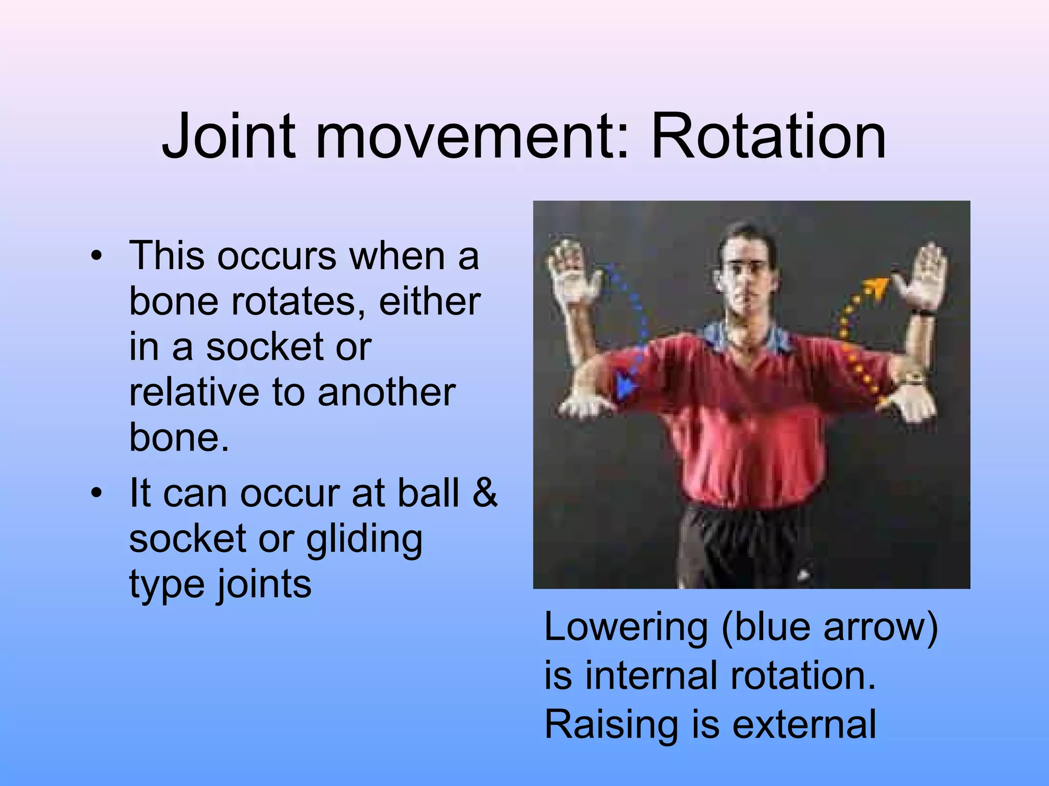Joint movement: Rotation This occurs when a bone rotates, either in a socket or relative to another bone. It can occur at ball & socket or gliding type joints Lowering (blue arrow) is internal rotation.  Raising is external 