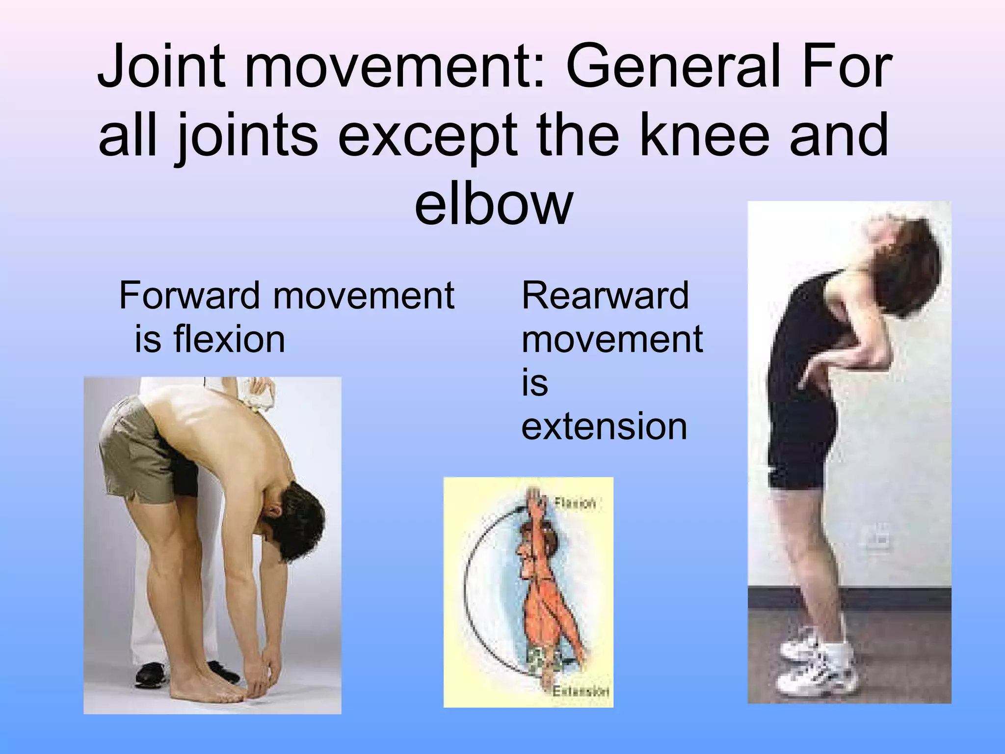 Joint movement: General For all joints except the knee and elbow Forward movement  is flexion Rearward movement is extension 
