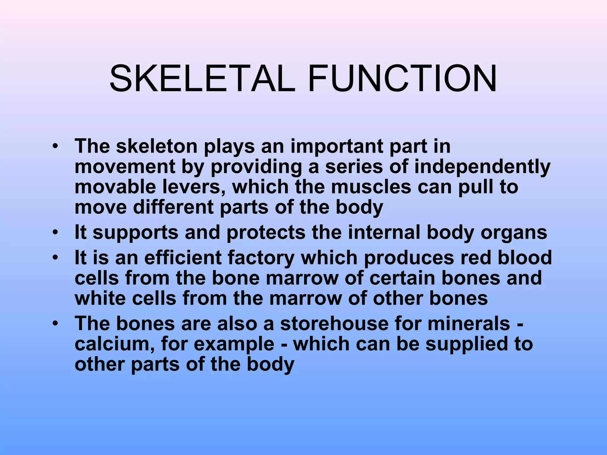 SKELETAL FUNCTION The skeleton plays an important part in movement by providing a series of independently movable levers, which the muscles can pull to move different parts of the body   It supports and protects the internal body organs   It is an efficient factory which produces red blood cells from the bone marrow of certain bones and white cells from the marrow of other bones  The bones are also a storehouse for minerals - calcium, for example - which can be supplied to other parts of the body   