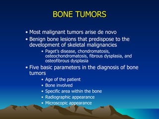 BONE TUMORS Most malignant tumors arise de novo Benign bone lesions that predispose to the development of skeletal malignancies Paget’s disease, chondromatosis, osteochondromatosis, fibrous dysplasia, and osteofibrous dysplasia Five basic parameters in the diagnosis of bone tumors Age of the patient Bone involved Specific area within the bone Radiographic appearance Microscopic appearance 