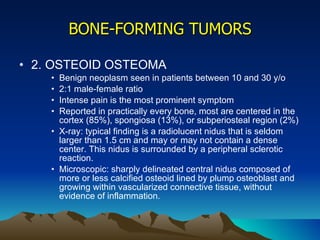 BONE-FORMING TUMORS 2. OSTEOID OSTEOMA Benign neoplasm seen in patients between 10 and 30 y/o 2:1 male-female ratio Intense pain is the most prominent symptom Reported in practically every bone, most are centered in the cortex (85%), spongiosa (13%), or subperiosteal region (2%) X-ray: typical finding is a radiolucent nidus that is seldom larger than 1.5 cm and may or may not contain a dense center. This nidus is surrounded by a peripheral sclerotic reaction. Microscopic: sharply delineated central nidus composed of more or less calcified osteoid lined by plump osteoblast and growing within vascularized connective tissue, without evidence of inflammation. 