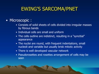 EWING’S SARCOMA/PNET Microscopic : Consists of solid sheets of cells divided into irregular masses by fibrous bands Individual cells are small and uniform The cells outline are indistinct, resulting in a “syncitial” appearance The nuclei are round, with frequent indentations, small nucleoli and variable but usually brisk mitotic activity There is well developed vascular network Pseudorosettes and rosettes arrangement of cells may be seen  