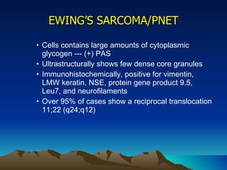 EWING’S SARCOMA/PNET Cells contains large amounts of cytoplasmic glycogen --- (+) PAS Ultrastructurally shows few dense core granules  Immunohistochemically, positive for vimentin, LMW keratin, NSE, protein gene product 9.5, Leu7, and neurofilaments Over 95% of cases show a reciprocal translocation 11;22 (q24;q12)  