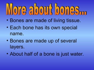 • Bones are made of living tissue.
• Each bone has its own special
name.
• Bones are made up of several
layers.
• About half of a bone is just water.
 