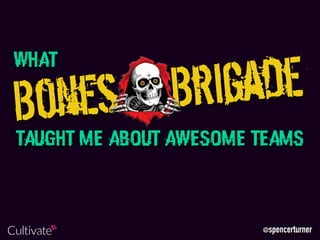 @spencerturner
Bones BrigadeWhat
Taught me about awesome teams
Cultivate
 
