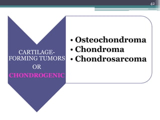 CARTILAGE-
FORMING TUMORS
OR
CHONDROGENIC
• Osteochondroma
• Chondroma
• Chondrosarcoma
42
 