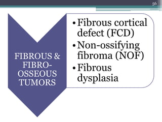 FIBROUS &
FIBRO-
OSSEOUS
TUMORS
•Fibrous cortical
defect (FCD)
•Non-ossifying
fibroma (NOF)
•Fibrous
dysplasia
56
 