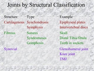Joints by Structural Classification
Structure Type Example
Cartilagenous Synchondrosis
Symphysis
Epiphyseal plates
Intervertebral discs
Fibrous Sutures
Syndesmoses
Gomphosis
Skull
Distal Tibia/fibula
Teeth in sockets
Synovial Glenohumeral joint
Knee joint
TMJ
 