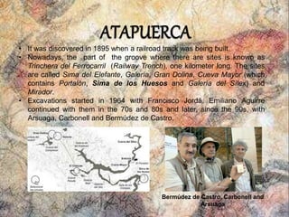 • It was discovered in 1895 when a railroad track was being built. 
• Nowadays, the part of the groove where there are sites is known as 
Trinchera del Ferrocarril (Railway Trench), one kilometer long. The sites 
are called Sima del Elefante, Galería, Gran Dolina, Cueva Mayor (which 
contains Portalón, Sima de los Huesos and Galería del Sílex) and 
Mirador. 
• Excavations started in 1964 with Francisco Jordá. Emiliano Aguirre 
continued with them in the 70s and 80s and later, since the 90s, with 
Arsuaga, Carbonell and Bermúdez de Castro. 
Bermúdez de Castro, Carbonell and 
Arsuaga 
 