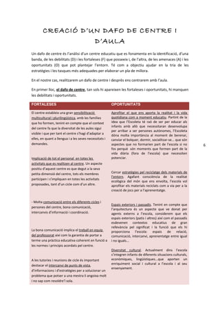 CREACIÓ D’UN DAFO DE CENTRE I
                   D’AULA
Un dafo de centre és l’anàlisi d’un centre educatiu que es fonamenta en la identificació, d’una
banda, de les debilitats (D) i les fortaleses (F) que posseeix i, de l’altra, de les amenaces (A) i les
oportunitats (O) que pot plantejar l’entorn. Té com a objectiu ajudar en la tria de les
estratègies i les tasques més adequades per elaborar un pla de millora.

En el nostre cas, realitzarem un dafo de centre i desprès ens centrarem amb l’aula.

En primer lloc, el dafo de centre, tan sols hi apareixen les fortaleses i oportunitats, hi manquen
les debilitats i oportunitats.

FORTALESES                                              OPORTUNITATS

El centre estableix una gran sensibilització            Aprofitar el que ens aporta la realitat i la vida
multicultural i plurilingüística, amb les famílies      quotidiana com a moment educatiu. Partint de la
que ho formen, tenint en compte que el context          idea que l’Escoleta té raó de ser per educar als
                                                        infants amb allò que necessitaran desenvolupa
del centre fa que la diversitat de les aules sigui
                                                        per arribar a ser persones autònomes, l’Escoleta
visible i que per tant el centre s’hagi d’adaptar a     dóna molta importància al moment de berenar,
elles, en quant a llengua i a les seves necessitats i   canviar el bolquer, dormir, socialitzar-se... que són
demandes.                                               aspectes que no formarien part de l’escola si no         6
                                                        fos perquè són moments que formen part de la
                                                        vida diària (fora de l’escola) que necessiten
Implicació de tot el personal en totes les              potenciar.
activitats que es realitzen al centre. Un aspecte
positiu d’aquest centre es que degut a la seva
petita dimensió del centre, tots els membres            Cercar estratègies pel reciclatge dels materials de
                                                        l’entorn. Agafant consciència de la realitat
participen i s’impliquen en totes les activitats
                                                        ecològica del món que ens envolta, l’escola vol
proposades, tant d’un cicle com d’un altre.             aprofitar els materials reciclats com a via per a la
                                                        creació de jocs per a l’aprenentatge.


- Molta comunicació entre els diferents cicles i
                                                        Espais exteriors i passadís. Tenint en compte que
persones del centre, bona comunicació,
                                                        l’arquitectura és un aspecte que ve donat per
intercanvis d’informació i coordinació.                 agents externs a l’escola, considerem que els
                                                        espais exteriors (patis i altres) així com el passadís
                                                        esdevenen contextos educatius de gran
                                                        rellevància pel significat i la funció que els hi
La bona comunicació implica el treball en equip         proporciona l’escola: espais de relació,
del professorat així com la garantia de portar a        comunicació, intercanvi, aprenentatge entre igual
terme una pràctica educativa coherent en funció a       i no iguals...
les normes i principis acordats pel centre.
                                                        Diversitat cultural. Actualment dins l’escola
                                                        s’integren infants de diferents situacions culturals,
A les tutories i reunions de cicle és important         econòmiques, lingüístiques...que aporten un
destacar el intercanvi de punts de vista,               enriquiment social i cultural a l’escola i al seu
                                                        ensenyament.
d’informacions i d’estratègies per a solucionar un
problema que potser a una mestra li angoixa molt
i no sap com resoldre’l sola.
 