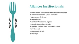 Aliances Institucionals
 Departament Ensenyament. Generalitat de Catalunya
 Diputació de Girona. Girona Excellence
 Ajuntament de Girona
 Fundació UdG
 Fundació Paco Puerto . Cepron
 Consell Comarcal del Gironès
 Patronat Turisme Costa Brava. Beca Xiquet
 DO Empordà
 Ajuntament de Salt
 Creu Roja
 