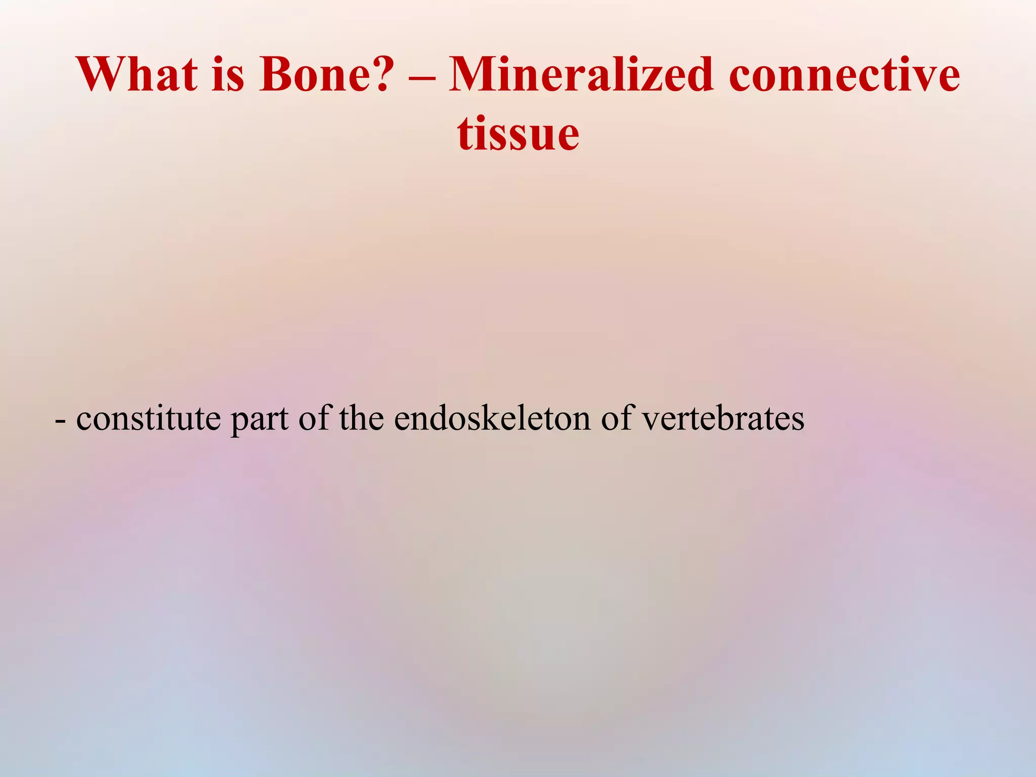 What is Bone? – Mineralized connective 
tissue 
- constitute part of the endoskeleton of vertebrates 
 