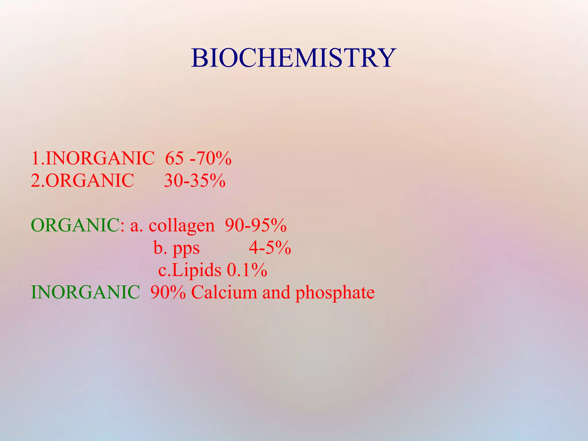 BIOCHEMISTRY 
1.INORGANIC 65 -70% 
2.ORGANIC 30-35% 
ORGANIC: a. collagen 90-95% 
b. pps 4-5% 
c.Lipids 0.1% 
INORGANIC 90% Calcium and phosphate 
 