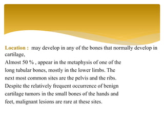 Location : may develop in any of the bones that normally develop in
cartilage,
Almost 50 % , appear in the metaphysis of one of the
long tubular bones, mostly in the lower limbs. The
next most common sites are the pelvis and the ribs.
Despite the relatively frequent occurrence of benign
cartilage tumors in the small bones of the hands and
feet, malignant lesions are rare at these sites.
 