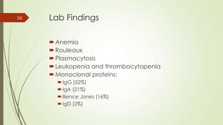 Lab Findings
Anemia
Rouleaux
Plasmacytosis
Leukopenia and thrombocytopenia
Monoclonal proteins:
IgG (52%)
IgA (21%)
Bence Jones (16%)
IgD (2%)
56
 