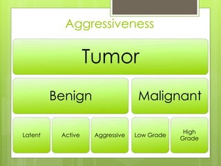 Tumor
Benign
Latent Active Aggressive
Malignant
Low Grade
High
Grade
Aggressiveness
 