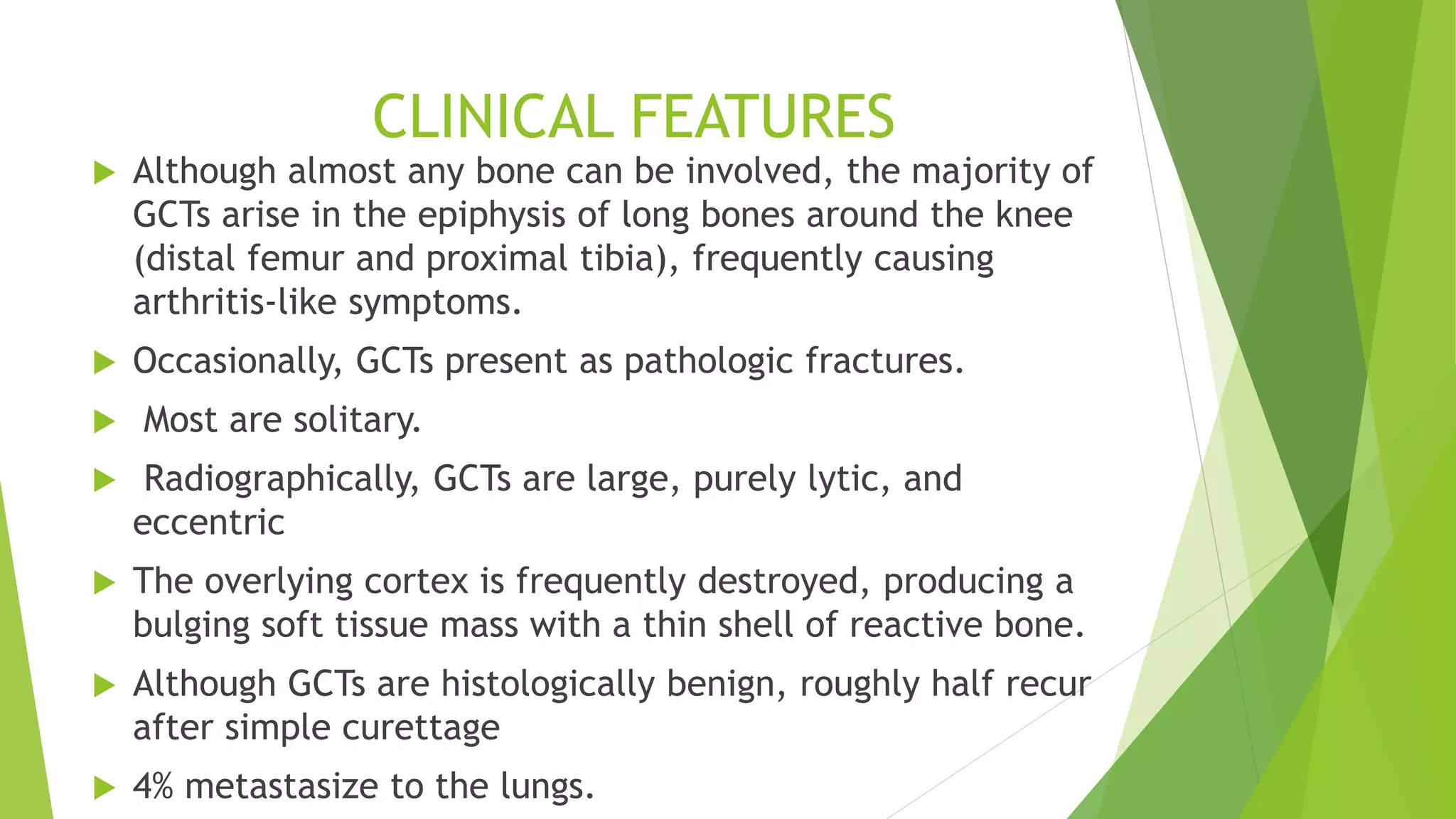 CLINICAL FEATURES
 Although almost any bone can be involved, the majority of
GCTs arise in the epiphysis of long bones around the knee
(distal femur and proximal tibia), frequently causing
arthritis-like symptoms.
 Occasionally, GCTs present as pathologic fractures.
 Most are solitary.
 Radiographically, GCTs are large, purely lytic, and
eccentric
 The overlying cortex is frequently destroyed, producing a
bulging soft tissue mass with a thin shell of reactive bone.
 Although GCTs are histologically benign, roughly half recur
after simple curettage
 4% metastasize to the lungs.
 