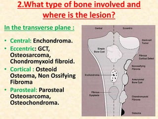 2.What type of bone involved and
where is the lesion?
In the transverse plane :
• Central: Enchondroma.
• Eccentric: GCT,
Osteosarcoma,
Chondromyxoid fibroid.
• Cortical : Osteoid
Osteoma, Non Ossifying
Fibroma
• Parosteal: Parosteal
Osteosarcoma,
Osteochondroma.
 