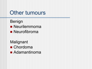 Other tumours Benign Neurilemmoma Neurofibroma Malignant Chordoma Adamantinoma 
