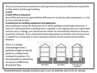PRESENTATION BY ADEEBA AFREEN-B.DES-S.M.E @ BONFIRE INSTITUTE OF DESIGN
There are three primary mechanisms which generate the pressure differences required for
air flow within and through buildings.
1.wind
2.stack effect or bouyancy
Stack effect pressures are generated by differences in air density with temperature, i.e. hot
air rises and cold air sinks.
3.mechanical air handling equipment and appliances.
Fans and blowers cause the movement of air within buildings and through enclosures. If
more air is exhausted from a building than is supplied, a net negative pressure is generated
and vice versa. In design, one should aim for almost no mechanically-induced air pressure
across the enclosure. This is achieved by balancing systems so that the same amount of air
is supplied as is exhausted. In some case pressurization can be used to control airflow
direction.
Since, it is widely
acknowledged that a
perfectly airtight air barrier
system is unlikely to be
achieved in practise, it is
also desirable to control the
air pressure differences
driving the flow.
 