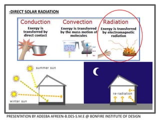 PRESENTATION BY ADEEBA AFREEN-B.DES-S.M.E @ BONFIRE INSTITUTE OF DESIGN
-DIRECT SOLAR RADIATION
 