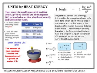 The joule is a derived unit of energy.
It is equal to the energy transferred to (or
work done on) an object when a force of
one newton acts on that object in the
direction of its motion through a distance
of one metre (1 newton metre or N⋅m).
A newton is the force required to give a
mass of 1 kilogram (1 kg) an acceleration
of 1 meter per second per second (1
m/s2). It is abbreviated as N
PRESENTATION BY ADEEBA AFREEN-B.DES-S.M.E @ BONFIRE INSTITUTE OF DESIGN
 