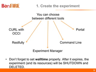 BonFIRE5 5
1. Create the experiment
You can choose
between different tools
Portal
Command Line
Experiment Manager
Restfully
CURL with
OCCI
• Don’t forget to set walltime properly. After it expires, the
experiment (and its resources) will be SHUTDOWN and
DELETED.
 