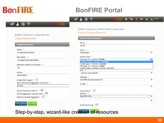 BonFIRE50 50
BonFIRE Portal
Step-by-step, wizard-like creation of resources
 