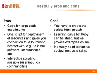 BonFIRE61 61
Restfully pros and cons
Pros
• Good for large-scale
experiments
• One script for deployment
of resources and gives you
connection to resources to
interact with, e.g., to install
software, start services,
etc.
• Interactive scripting
possible (user input on
command line)
Cons
• You have to create the
scripts from scratch
• Learning curve for Ruby
can be steep, but we
provide examples online
• Manually need to resolve
deployment constraints
 
