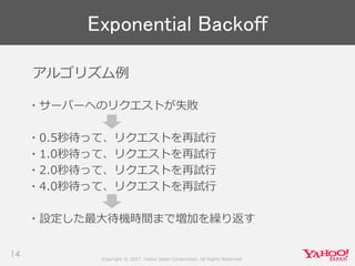 Copyright © 2017 Yahoo Japan Corporation. All Rights Reserved.
Exponential Backoff
14
アルゴリズム例
・サーバーへのリクエストが失敗
・0.5秒待って、リクエストを再試行
・1.0秒待って、リクエストを再試行
・2.0秒待って、リクエストを再試行
・4.0秒待って、リクエストを再試行
・設定した最大待機時間まで増加を繰り返す
 