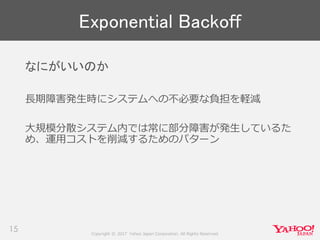 Copyright © 2017 Yahoo Japan Corporation. All Rights Reserved.
Exponential Backoff
15
なにがいいのか
長期障害発生時にシステムへの不必要な負担を軽減
大規模分散システム内では常に部分障害が発生しているた
め、運用コストを削減するためのパターン
 