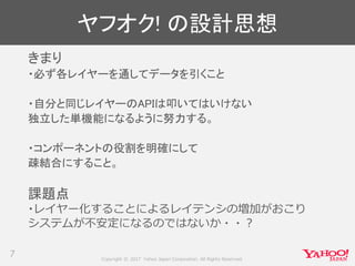Copyright © 2017 Yahoo Japan Corporation. All Rights Reserved.
ヤフオク! の設計思想
7
きまり
・必ず各レイヤーを通してデータを引くこと
・自分と同じレイヤーのAPIは叩いてはいけない
独立した単機能になるように努力する。
・コンポーネントの役割を明確にして
疎結合にすること。
課題点
・レイヤー化することによるレイテンシの増加がおこり
システムが不安定になるのではないか・・？
 