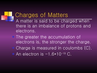 Charges of Matters A matter is said to be charged when there is an imbalance of protons and electrons. The greater the accumulation of electrons is, the stronger the charge. Charge is measured in coulombs (C). An electron is -1.6*10 -19  C. 