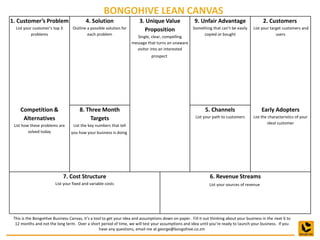 BONGOHIVE LEAN CANVAS
1. Customer’s Problem
List your customer’s top 3
problems
4. Solution
Outline a possible solution for
each problem
3. Unique Value
Proposition
Single, clear, compelling
message that turns an unaware
visitor into an interested
prospect
9. Unfair Advantage
Something that can’t be easily
copied or bought
2. Customers
List your target customers and
users
Competition &
Alternatives
List how these problems are
solved today
8. Three Month
Targets
List the key numbers that tell
you how your business is doing
5. Channels
List your path to customers
Early Adopters
List the characteristics of your
ideal customer
7. Cost Structure
List your fixed and variable costs
6. Revenue Streams
List your sources of revenue
This is the BongoHive Business Canvas, it’s a tool to get your idea and assumptions down on paper. Fill it out thinking about your business in the next 6 to
12 months and not the long term. Over a short period of time, we will test your assumptions and idea until you’re ready to launch your business. If you
have any questions, email me at george@bongohive.co.zm
 