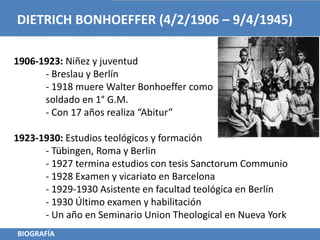 DIETRICH BONHOEFFER (4/2/1906 – 9/4/1945)
BIOGRAFÍA
1906-1923: Niñez y juventud
- Breslau y Berlín
- 1918 muere Walter Bon...