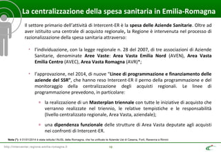 http://intercenter.regione.emilia-romagna.it 10
La centralizzazione della spesa sanitaria in Emilia-Romagna
Il settore primario dell’attività di Intercent-ER è la spesa delle Aziende Sanitarie. Oltre ad
aver istituito una centrale di acquisto regionale, la Regione è intervenuta nel processo di
razionalizzazione della spesa sanitaria attraverso:
• l’individuazione, con la legge regionale n. 28 del 2007, di tre associazioni di Aziende
Sanitarie, denominate Aree Vaste: Area Vasta Emilia Nord (AVEN), Area Vasta
Emilia Centro (AVEC), Area Vasta Romagna (AVR)*;
• l’approvazione, nel 2014, di nuove “Linee di programmazione e finanziamento delle
aziende del SSR”, che hanno reso Intercent-ER il perno della programmazione e del
monitoraggio della centralizzazione degli acquisti regionali. Le linee di
programmazione prevedono, in particolare:
o la realizzazione di un Masterplan triennale con tutte le iniziative di acquisto che
verranno realizzate nel triennio, le relative tempistiche e le responsabilità
(livello centralizzato regionale, Area Vasta, aziendale);
o una dipendenza funzionale delle strutture di Area Vasta deputate agli acquisti
nei confronti di Intercent-ER.
Nota (*): Il 01/01/2014 è stata istituita l’AUSL della Romagna, che ha unificato le Aziende Usl di Cesena, Forlì, Ravenna e Rimini
 