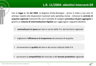 http://intercenter.regione.emilia-romagna.it
Con la legge n. 11 del 2004, la Regione Emilia-Romagna - prima in Italia e con anni di
anticipo rispetto alle disposizioni nazionali sulla spending review - istituisce la centrale di
acquisto regionale Intercent-ER, con il compito di svolgere procedure di gara aggregate e
gestire un sistema di intermediazione digitale per raggiungere i seguenti obiettivi:
3
L.R. 11/2004: obiettivi Intercent-ER
• razionalizzare la spesa per beni e servizi delle P.A. del territorio regionale
• migliorare l’efficienza e la trasparenza dei processi di acquisto
• incrementare la qualità dei beni e dei servizi utilizzati dalla P.A.
• accrescere la competitività del mercato e del tessuto produttivo regionale
 